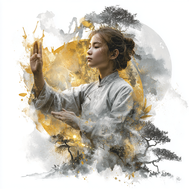 Mujer practicando Reiki en una composición dorada